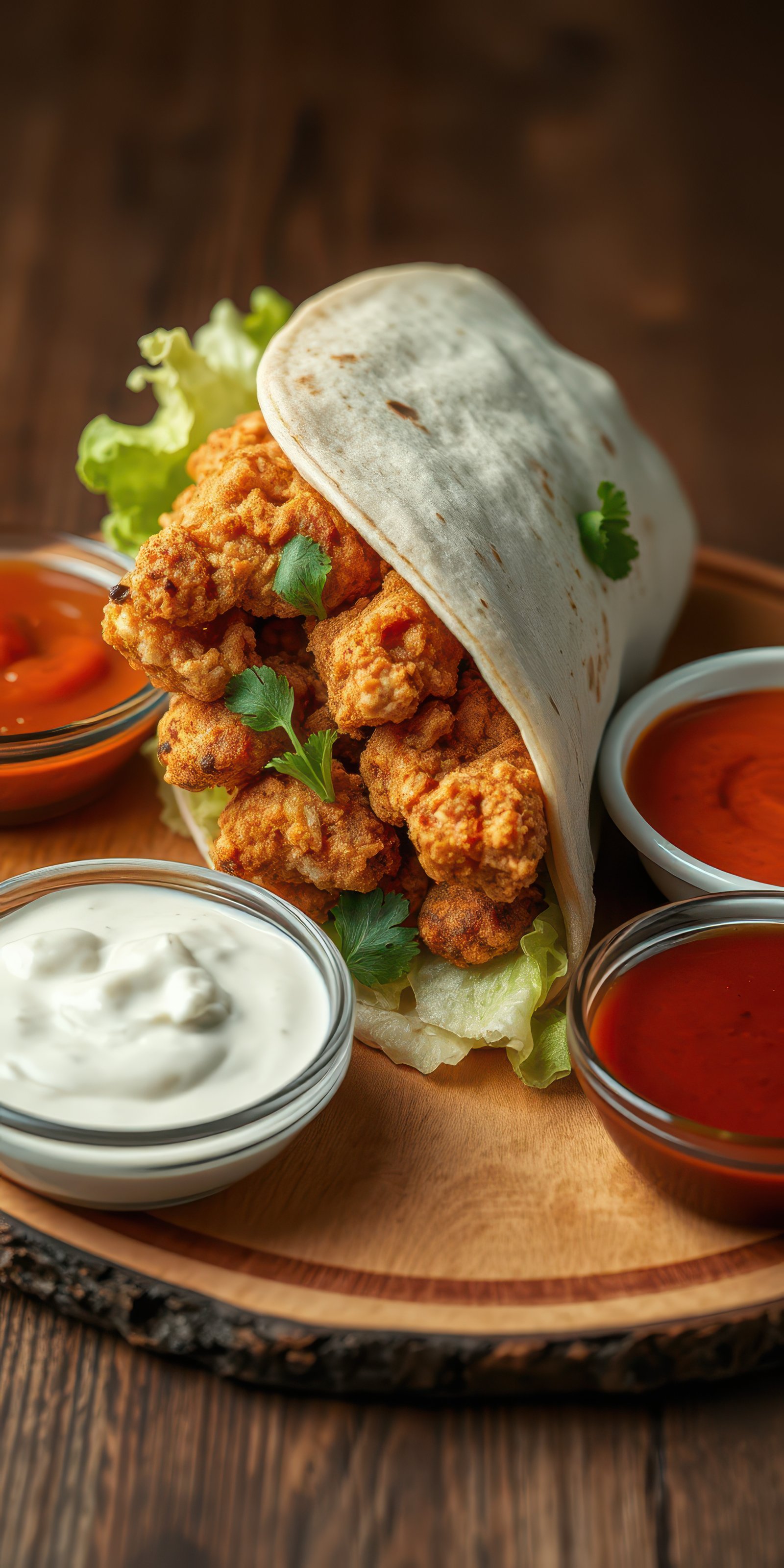 Delicious spicy fried chicken wrap served with sauces on a wooden board